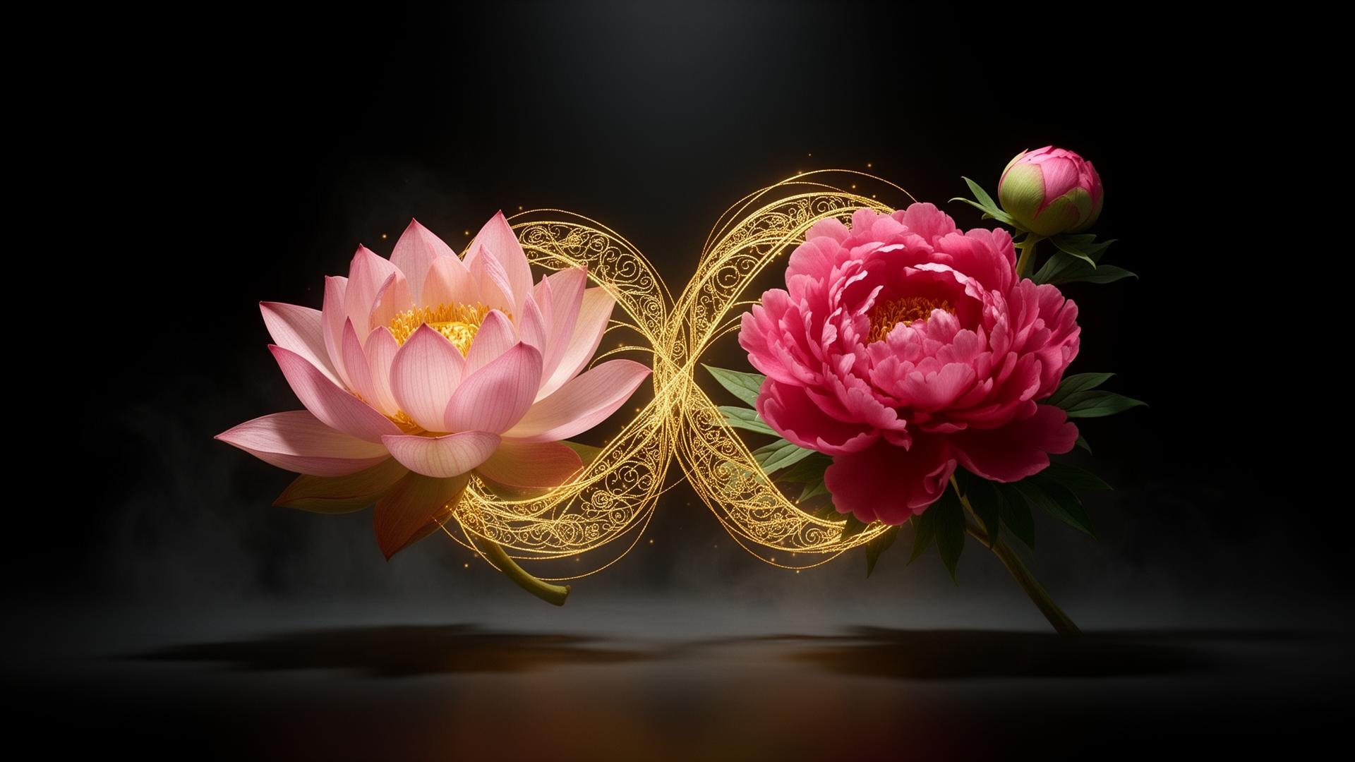 A lotus and a peony connected by golden filigree — a symbol of India–China cultural exchange