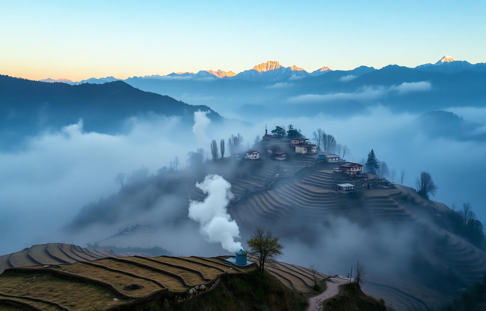 Misty Uttarakhand village at dawn