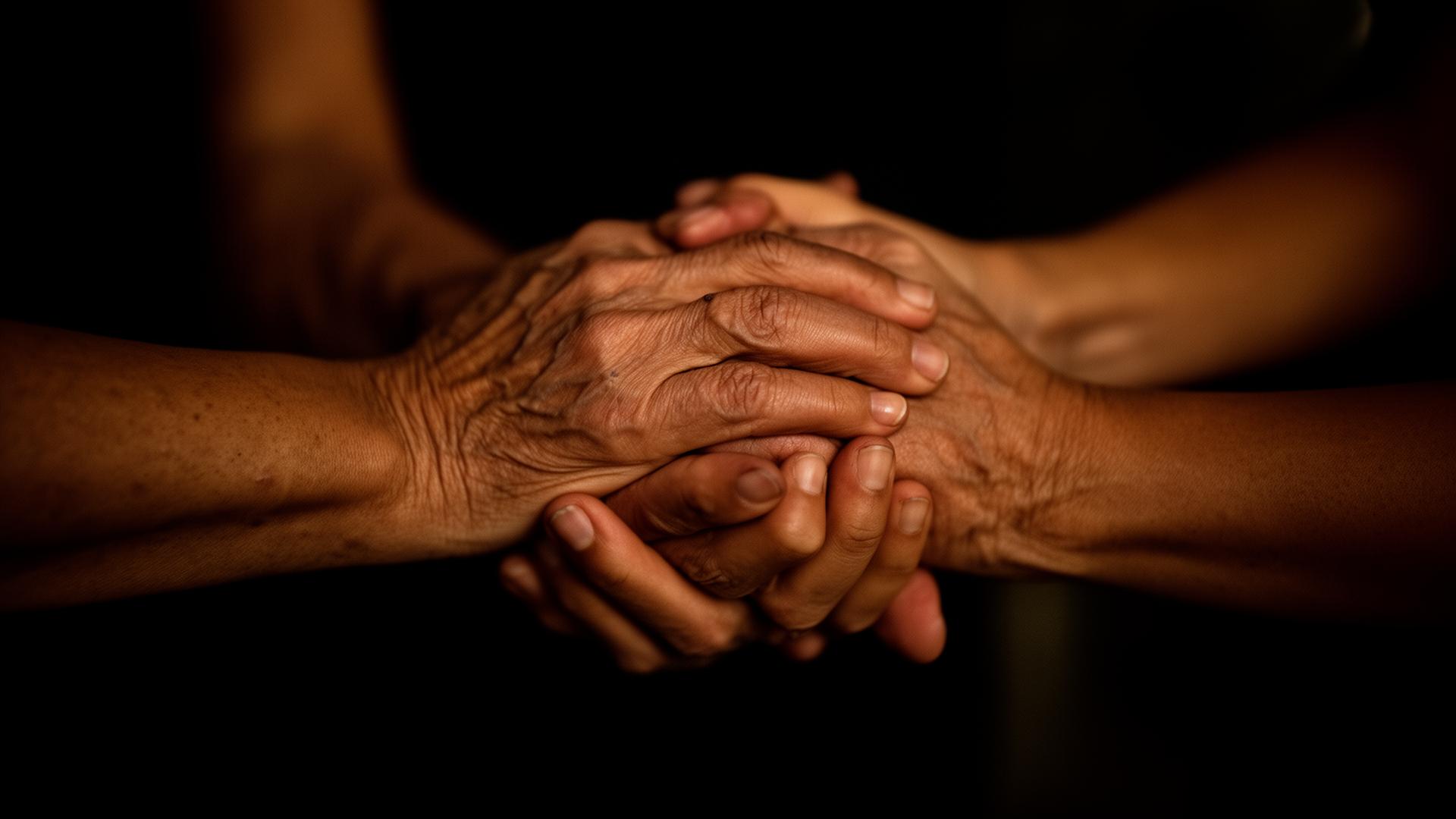 Hands of an elder gently held — humanitarian work
